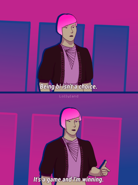 ENG meme drawing of an original character of mine in the RWBY universe, another roleplay character. they have pink hair that goes from purple roots to white points in an asymmetrical bob style. they wear like a brown short bomber jacket and heh a pink blouse based in one Jim Kirk wore in two Star Trek movies (The Search for Spock and the one with the whales sorry forgot the original name). the drawing is imitating two frames from Brooklyn Nine Nine I think? I made it bisexual. they're saying "being bi isn't a choice. it's a game and I'm winning" and the background has the bi flag colours. ESP dibujo meme de mi personaje del rol de RWBY. tiene el pelo rosa, de las raíces moradas a las puntas blancas, en una especie de bob asimétrico. lleva una especie de chaqueta bomber marrón corta y una blusa inspirada en una que lleva Kirk en dos pelis de Star Trek. me he basado en dos capturas de B99 creo. mi personaje está diciendo que ser bi no es una elección, es un juego y elle está ganando. el fondo esta hecho con los colores de la bandera bi.
