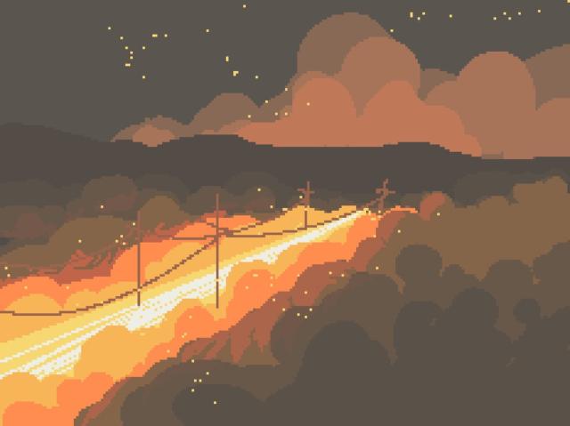 A pixel art of a yellow and orange glowing road with bushes everywhere under a night sky