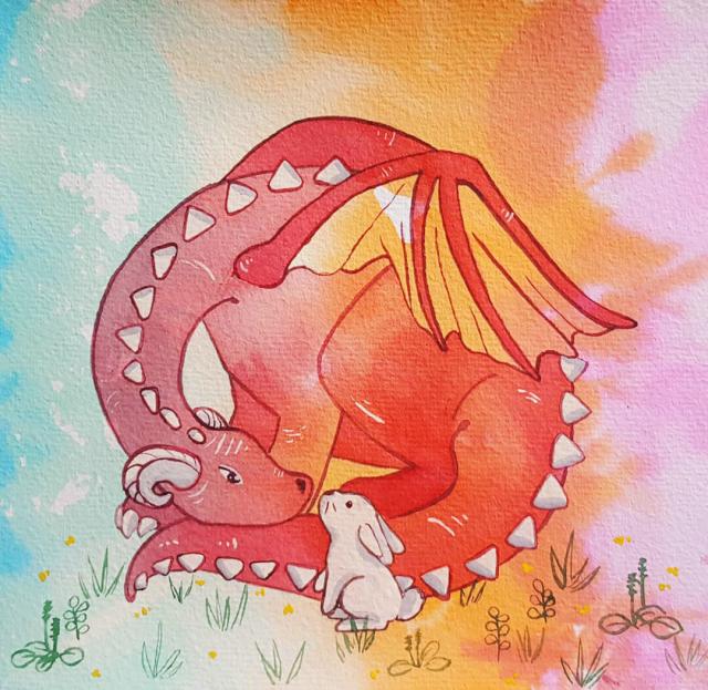 A watercolour painting of a cutesy red dragon with grey horns and spikes and yellow wings. The dragon sits on the ground and its shape is curled almost to a circle, where its tail is curled along its body and its long neck bends down to curiously inspect a white bunny. The bunny sits on its behind, stretching its neck upward to sniff the dragon's nose. The background features pastel rainbow colours that bleed into the figures and indications of grass and greenery near their feet.
