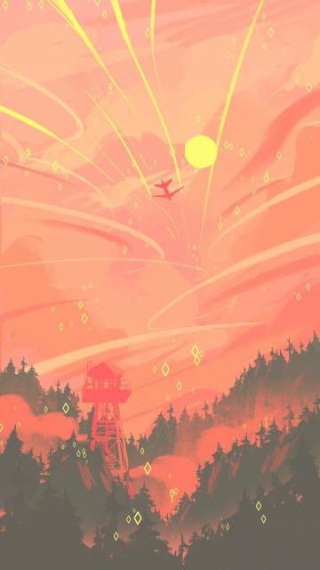 A digital painting of a yellow sun in the orange clouds across the pink sky with pine trees and a watch tower underneath. It’s sparkling everywhere.