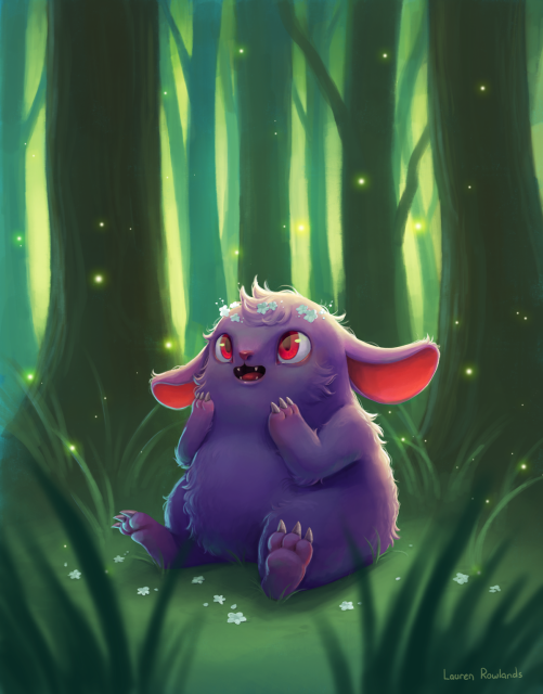 A cute little purple creature is sitting in the woods. They has a happy expression and are looking up at the little flowers in their hair. They are surrounded by fireflies.
