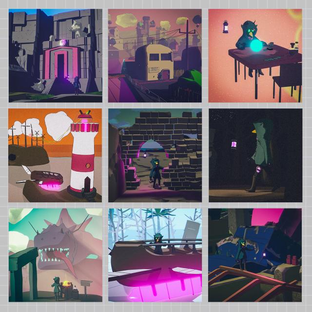 3x3 grid of a bunch of 3D renders of a beaked, glowing eyed character wearing a green hooded coat (that has horns sticking out the top) in various adventures. 

Top left - standing in front of a large, wall-like temple with statues of long-nosed beasts. 

Top mid - a cityscape featuring a skyline in the background and many utility poles 

Top right - sitting at a card table peering into a glowing orb

Mid left - a lighthouse connected to a faraway windmill-covered island via power lines, with a wooden winged ship (with a giant pink crystal under it) docked nearby

Center - standing at a broken brick wall putting a hand on it, holding a camera in their right hand

mid right - taking a stroll through a dark forest 

bottom left - talking to a giant, tongue-hanging-out dinosaur in front of some kind of altar

bottom center - holding onto the side of the flying crystal ship from earlier in a frozen looking jungle 

bottom right - catwalking across the wooden beams of a destroyed house