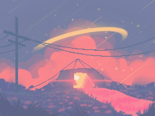 A pixel Art of a lit tent and utility poles on the ground. Behind it is a digital painting of pink clouds across the blue sky with a yellow halo. Sparkles and shooting stars galore
