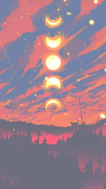 Multiple moons in the warm orange cloudy  starry sky,  a silhouette of a cat walks underneath it on the ground