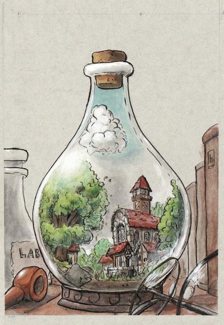 A ink and gouache illustration of a small town which is in a bottle. There are some trees, a church and houses inside the bottle