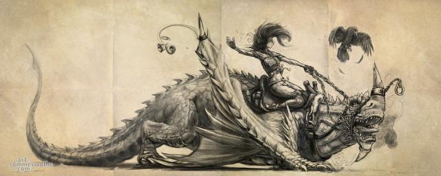 Illustration of a dragon which is annoyed by a raven.