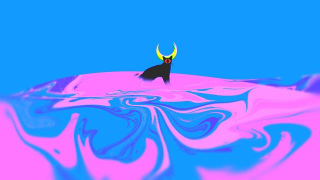 A digital art of a black cat with one eye and a crescent moon behind its head, on top of swirling purple and blue mass 