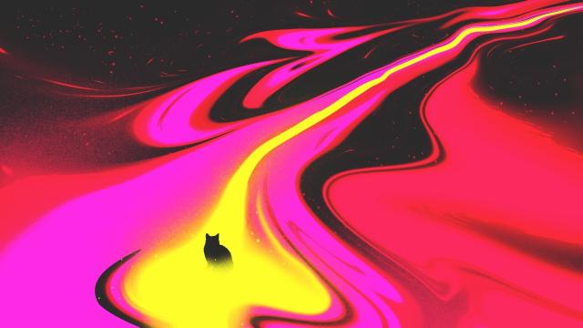 A digital art of a black cat, in the yellow purple and rad swirling galaxy in the deep dark space