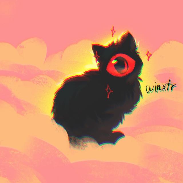 A digital art of a black cat with one red eye, in the orange and pastel red clouds.
There’s a text that says “Winxtr” next to it. That’s the cat’s name