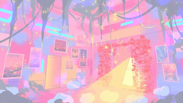 A digital art of a brightly colored pink room with prints on the walls, a door to the left, and a triangle window to the right, the walls are covered with other paintings with foliage and sparkles everywhere 