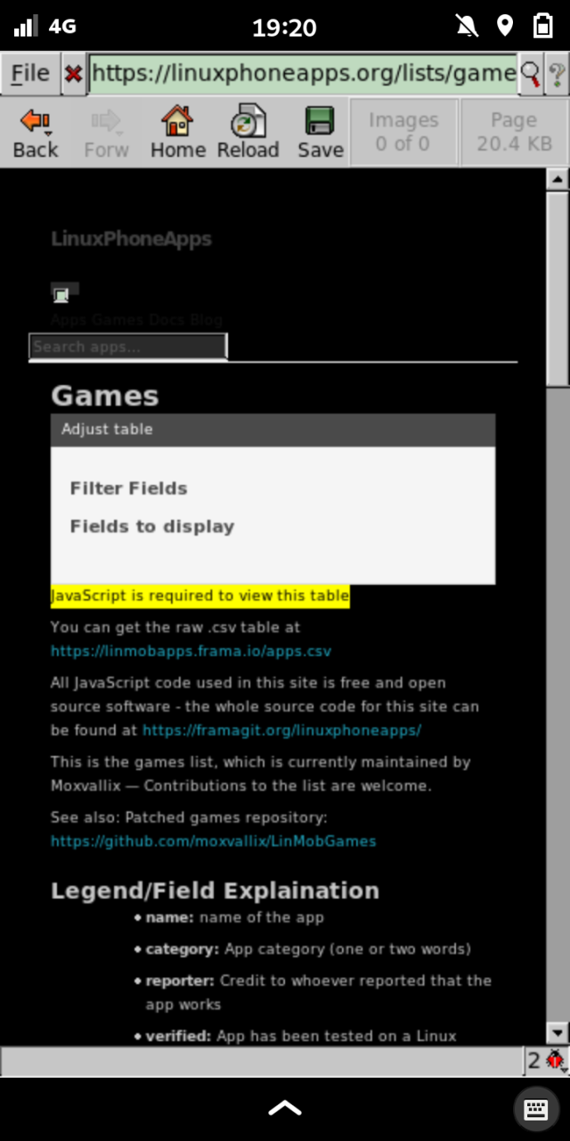 The LinuxPhoneApps Games Page not running properly in Dillo