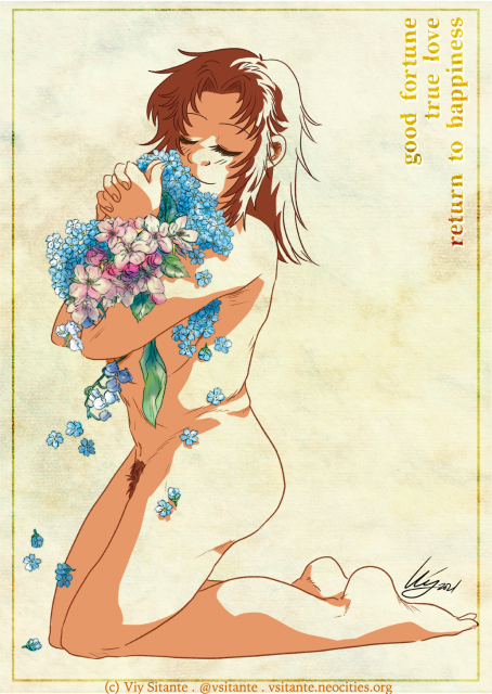 A reddish-haired woman with peach skin is kneeling and holding flowers in her arms. Her hands are twined as if held together by a ribbon. She's naked but not sexualized, and we only see her body from the side.

The flowers that are in her arms (with petals falling down) are forget-me-nots, lilies of the valley and apple blossoms. The text on the right top corner are the meanings derived from the flowers: good fortune, true love, and a return to happiness. These flowers are not for her, however, but for her lover.