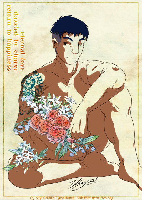 A black-haired man with brown skin is sitting and holding flowers in his right arm. His left arm rests above the one knee that's resting upwards. He's naked but not sexualized, and the flowers cover his male parts.

The flowers that are in his arms are ranunculi, lilies of the valley and orange blossoms. The text on the left top corner are the meanings derived from the flowers: eternal love, dazzled by charm, and a return to happiness. These flowers are not for him, however, but for his lover.