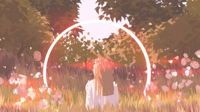A digital art of a person with long hair, white dress, and a shining flower crown. In the middle of a tall green grass field, in front of a glowing ring thing, in front of the bushes and trees
There are also some glowing flowers around 