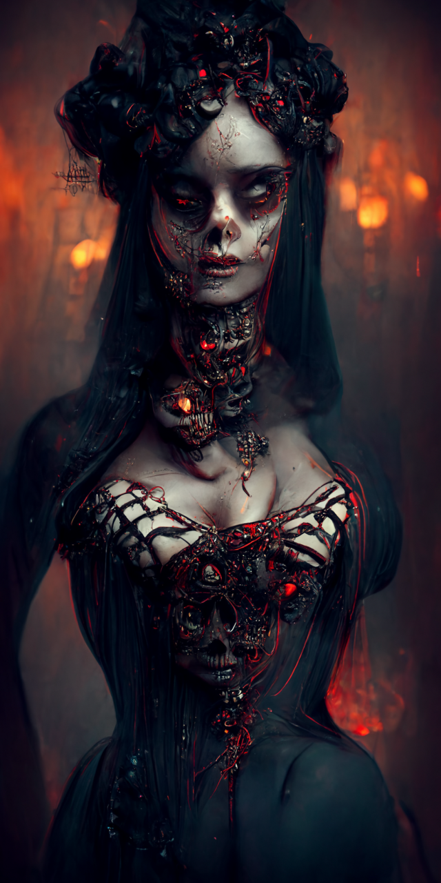 goddess of death in black corset, realistic, hot background