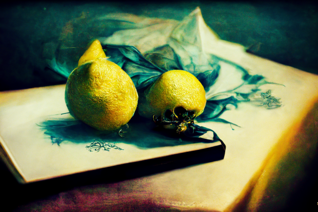 oil painting of lemons on a table, cross-processed tones (yellow-blue-ish)