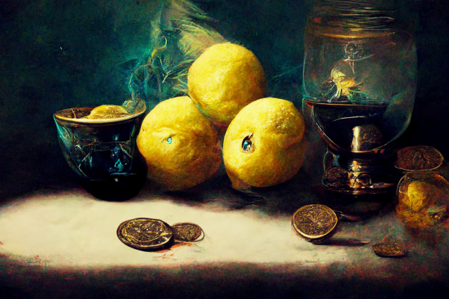 oil painting of lemons on a table, cross-processed tones (yellow-blue-ish)
