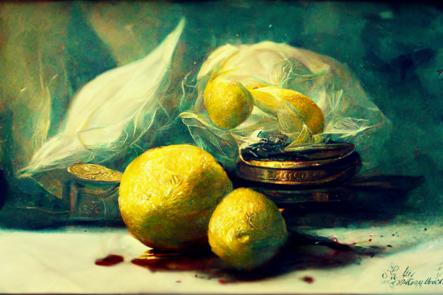 oil painting of lemons on a table, cross-processed tones (yellow-blue-ish)