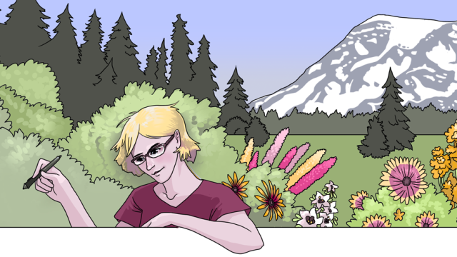Digital artwork of H. pointing a tablet stylus at something. Behind them is Northwest Coast wilderness: Trees and Mt. Rainier. Flowers from New Mexico surround H. in the foreground.