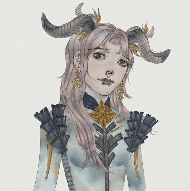 Tiefling with blue-black and pink horns. She is adorned with a golden compass broach, semi-circle earrings, and a blue tunic with many ruffles.