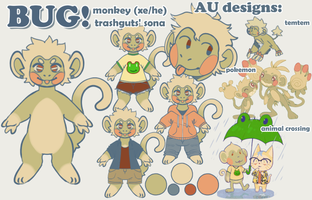 a refsheet for my sona, a monkey named bug. it features a fullbody with his markings, three different outfits xe often wears, a headshot showing an alternate way to stylize xyr face, and alternate versions of his design for the temtem, pokemon, and animal crossing universes