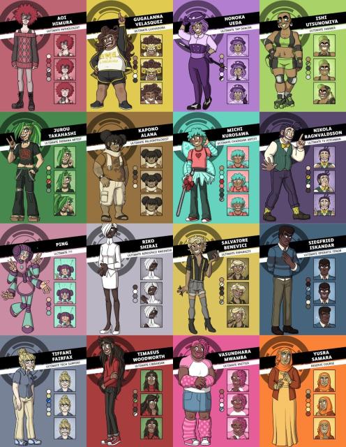 A collage of full-body reference images for all 16 students in my fic Dreadnought Despair! Not sure all the text will fit in here, unfortunately.