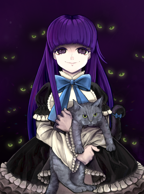 Bernkastel from Umineko, holding a gray cat.