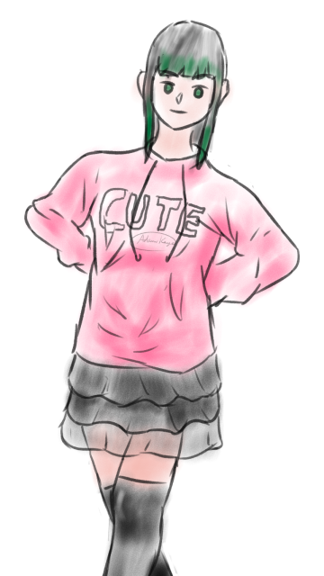 My OC Nora wearing a pink sweater that says "CUTE" on it and a black ruffled skirt with thigh-high socks.