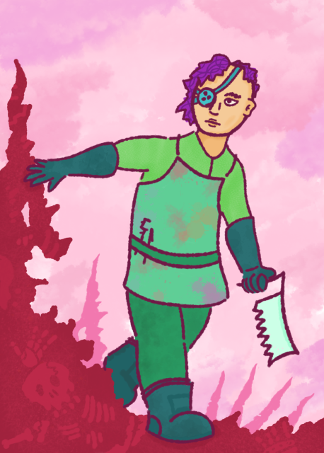 A woman with a stained apron and bonesaw nervously walks through a landscape of spires and accumulated bones.