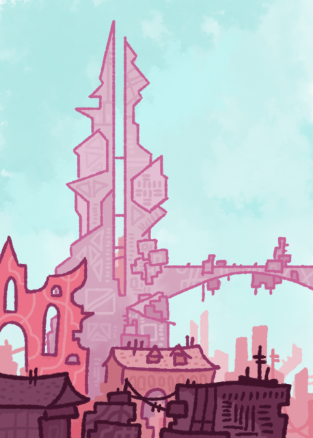 A jagged double-spire building rises above rows of temples, houses, and apartments.