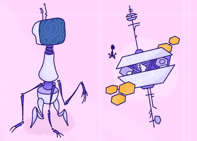 A robot with a monitor for a head, three slender arms, and two digitigrade legs. Also, a corresponding satellite.
