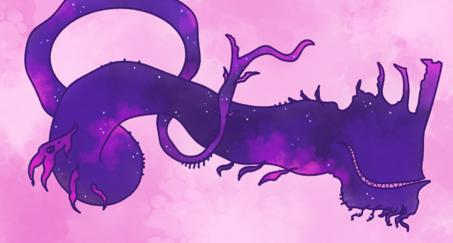 An immense purple wyrm wrapped around itself, with an eyeless grin and starry dots along its body.