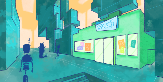 A convenience store within a blocky blue city