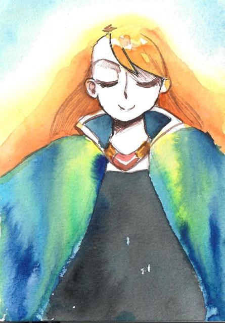 Atmospheric Watercolour Postcard  with ink - a blonde haired woman appears to be glowing while wearing a green and blue cape