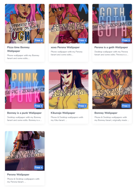 screencapture of my Ko-fi shop. There are 7 preview squares on several wallpapers with their names below. They're all marked "Free +" on the bottom roght corner of the pic.