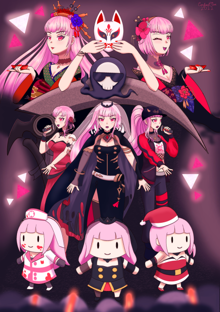 Fanart for Hololive Myth's Calliope Mori featuring their various outfits!