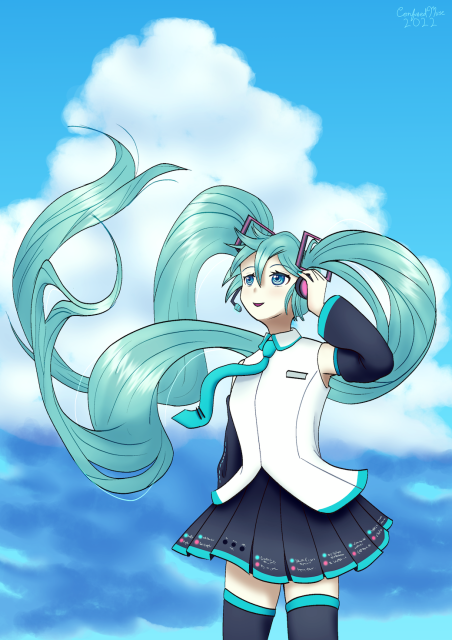 Fanart of Hatsune Miku for 3/9, Miku Day. Miku is looking up at the sky, which is filled with a fluffy white cloud. The wind catches her pigtails, making them flutter in the breeze.