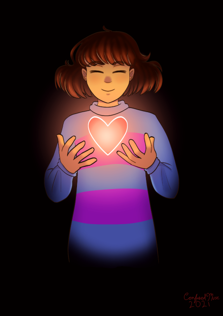 Frisk stands in the darkness, illuminated by the glow of their determined heart.