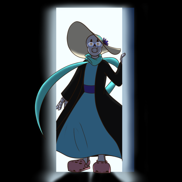 Panel preview from my Undertale AU fancomic, Negatedtale. Aster stands in a doorway, backlit by a bright white light, looking out into the void.