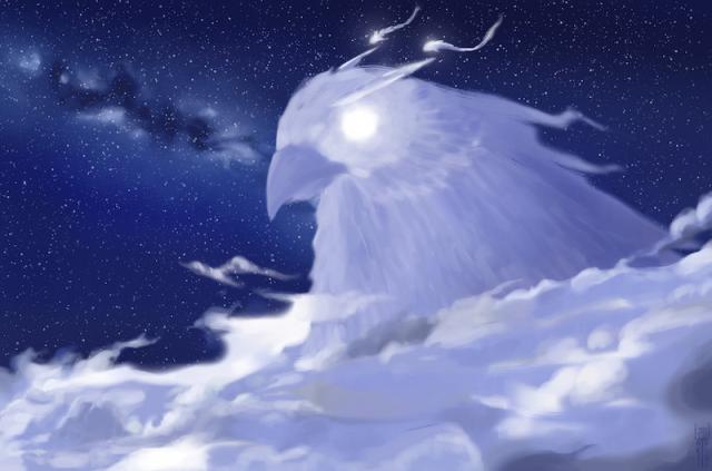 Giant ghost bird emerging from clouds on a starry sky.