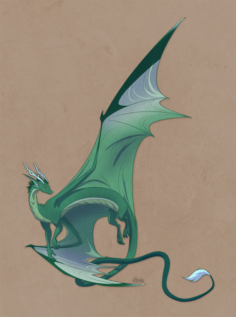 digital illustration of a long green dragon with one wing up. he has ice blue antlers and a tuft of hair on the end of his tail in the same colour.