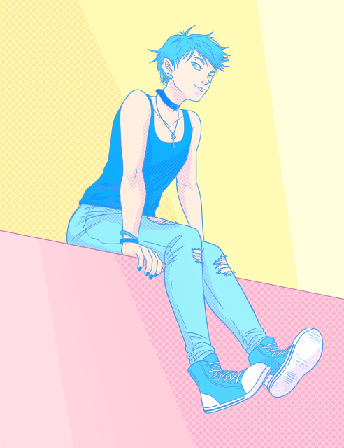 digital illustration of a human character wearing all blue, sitting on a ledge. he's winking at the camera with his tongue poking out.