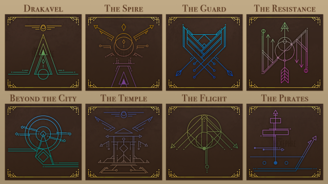 digital illustration of a series of geometric emblems for the following factions: Drakavel, The Spire, The Guard, The Resistance, Beyond the City, The Temple, The Flight, and The Pirates