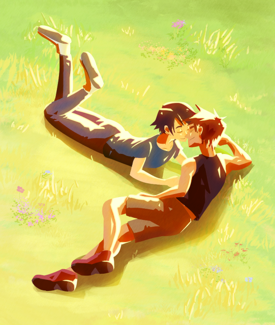 a digital lineless illustration with warm glowing lighting. two boys lie in the grass, one on the stomach and the other on his side, smiling and sharing a serene moment.