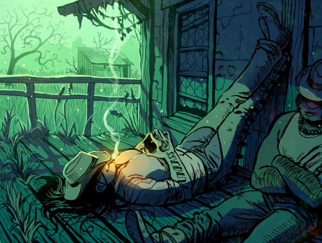 Two punks relax on the deck of an abandoned building in a swampy, overgrown area. One of the punks is a lady laying on the deck, her feet resting against the building, with a cigarette in her mouth. Her dude friend is just chillin in the corner with his cowboy hat on.