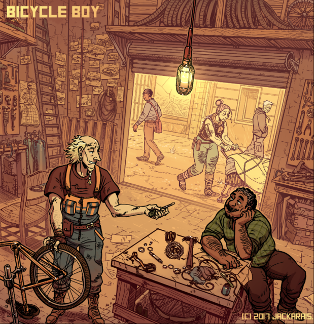 Two men converse in a cluttered bicycle shop. The taller mechanic is working on a bike that is hung from a stand. He has two prosthetic fingers on one hand. The other mechanic sits leisurely at the workbench, giving the other a warm smile.