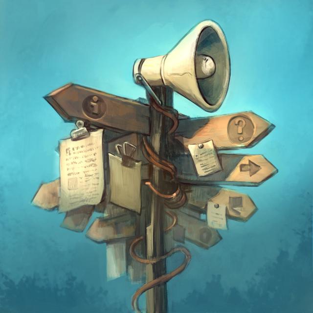 Drawing of a signpost, with notes fitted to it and a loudspeaker mounted on top.

Image source: "C3 Framablog" by David Revoy, licensed under Creative Commons Attribution 4.0.