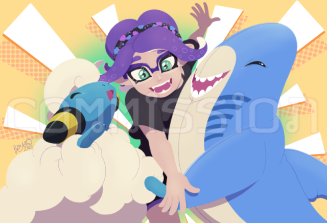 A cute illustration of a Mareep from Pokémon, an Octoling from Splatoon, and a Blahaj (aka an Ikea Shark) all placing their hands together in excitement.