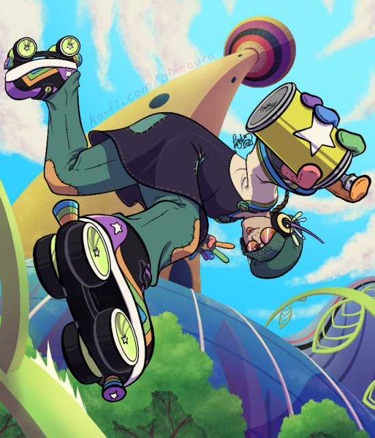A colourful illustration of a roller skater riding on some green rails. They're holding a spray can in one of their hands while the other is doing a V sign. There is a tower and some buildings in the background reminiscent of some downtown scenery you can see in some cities.