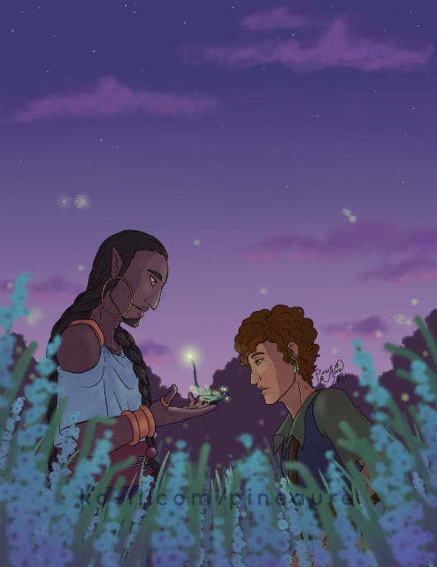 Illustration of my original characters, Erru and Shushi, looking at a little dragon friend that glows in the dark like a firefly. It's twilight time, the stars are just peeking in the lavender sky, while the two of them stand in a field of tall, blue flowers, the dragons' glow softly reflecting off their gently awed faces.